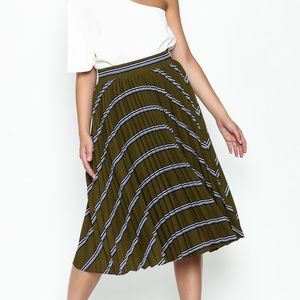 English Factory Olive Green Stripe Pleat Midi Skirt